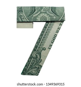 Money Origami DIGIT 7 Number Folded With Real One Dollar Bill Isolated On White Background