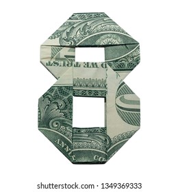 Money Origami DIGIT 8 Number Folded With Real One Dollar Bill Isolated On White Background