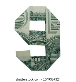 Money Origami DIGIT 9 Number Folded With Real One Dollar Bill Isolated On White Background