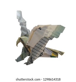 Money Origami EAGLE Bird Folded With Real 5 Euro Note Isolated On White Background