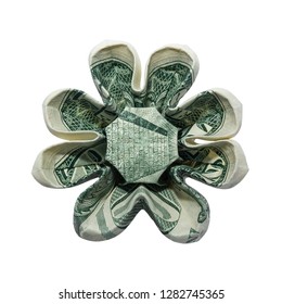 Money Origami Eight Petals FLOWER Folded With Real One Dollar Bill Isolated On White Background