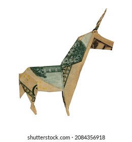 Money Origami Golden UNICORN Folded With Real 10 Dollars Bill Isolated On White Background