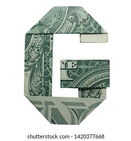 Money Origami LETTER G Character Folded With Real One Dollar Bill Isolated On White Background