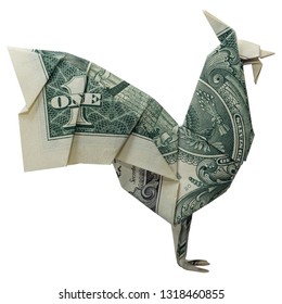 Money Origami ROOSTER Cock Bird Folded With Real One Dollar Bill Isolated On White Background