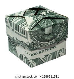 Money Origami Square BOX Folded With 2 Real One Dollar Bills Isolated On White Background