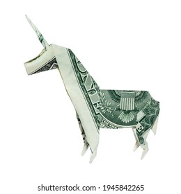 Money Origami UNICORN Folded With Real One Dollar Bill Isolated On White Background