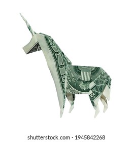 Money Origami UNICORN Folded With Real One Dollar Bill Isolated On White Background