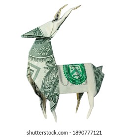 Money Origami Wild DEER Folded With Real One Dollar Bill Isolated On White Background