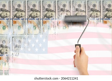 Money Printing. Printing Press Of US Dollars. Economic Incentives. Inflation And The Economic Crisis. Male Hand Draws Us Dollars With A Roller To Paint The Walls. Stock Market Bubble Concept