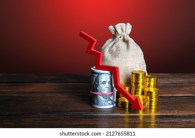 Money with red arrow down. Decreased funds and money. Fall of economy, capital reduction. Lowering in savings and reserves. Inflation. Falling income in GDP. Economic recession, crisis. - Shutterstock ID 2127655811
