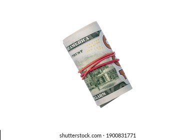 Money Rolled Up In A Tube On A Light White Background. Banner. Flat Lay, Top View.