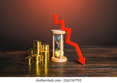 Money, sandglass and down arrow. Decrease in hourly pay wages. Save savings from inflation. Income falling. Dropping mortgage rates. Decreasing return on investment over time. Reducing costs, prices