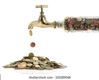 Money Save Coins Fall Out Of The Golden Tap