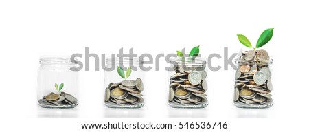 Money saving growth concepts, glass jar with coins and plants growing, isolated on white background
