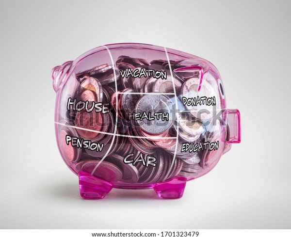 Money savings, savings\
plan or budget planing concept. A full pink piggy bank with savings\
plan section.