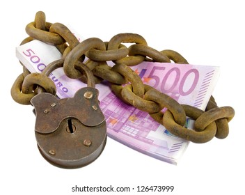 Money Security Concept - Euro Banknotes Under Lock And Key