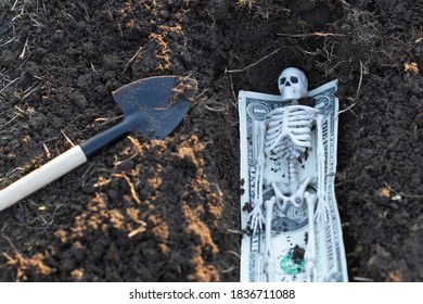 Money And A Skeleton Are Buried In The Ground, A Dollar And A Human Body Are Buried. Death And Money Are Always Near