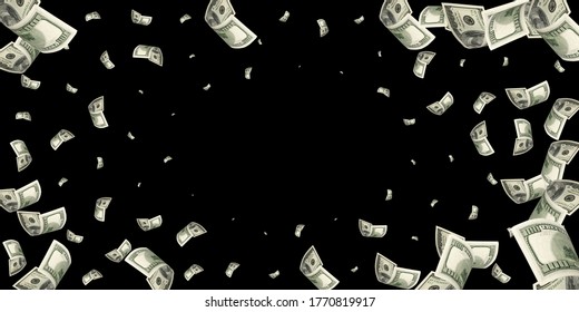 Money Stack. Hundred Dollars Of America. Falling Money Isolated, Us Bill Black Background.