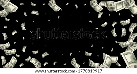 Money stack. Hundred dollars of America. Falling money isolated, us bill black background.