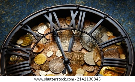 Money and time, abstraction. Coins from ancient times to the present, gold, silver, copper, nickel, bronze selective focus 
finance background