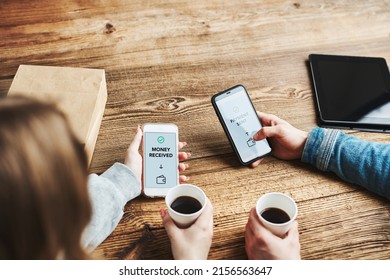 Money transfer. Online banking. People transferring money online using applications for send and receive money on smartphones. Friends making money transfers. Smartphone screen displaying confirmation - Shutterstock ID 2156563647