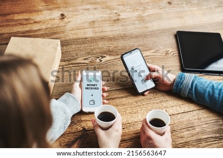 Money transfer. Online banking. People transferring money online using applications for send and receive money on smartphones. Friends making money transfers. Smartphone screen displaying confirmation