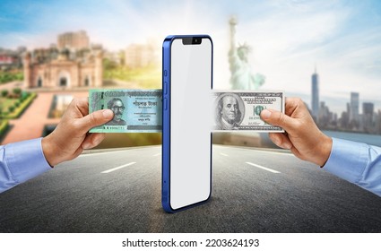 Money transfer USD Convert to Bangladesh Taka with man hands and digital Mobile Concept - Shutterstock ID 2203624193