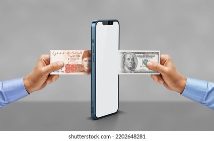 Money transfer USD Convert to PKR with man hands and digital Mobile Concept - Shutterstock ID 2202648281