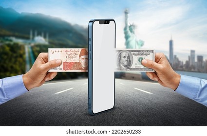 Money transfer USD Convert to PKR with man hands and digital Mobile Concept - Shutterstock ID 2202650233