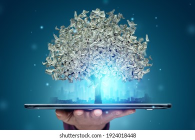 A money tree with dollars instead of leaves grows from a smartphone, work online. The concept of financial growth, passive income, dividends