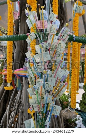 A 'money tree' with Thai baht notes of different denominations, marigold garlands and pumpkin at the base of an actual bodhi tree