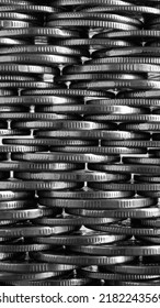 Money Wall. Chaotic Pile Of Coins Closeup. Nickel Coin Texture. Business Vertical Background Made Of Many Coin Edges. Economy And Bank. Mobile Phone Wallpaper. Tax And Credit. Black And White. Macro