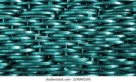 Money Wall. Chaotic Pile Of Coins Closeup. Nickel Coin Texture. Turquoise Tinted Business Background Made Of Many Coin Edges. Economy Finance And Bank Wallpaper. Tax And Credit. Macro