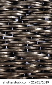 Money Wall. Chaotic Pile Of Coins Closeup. Nickel Coin Texture. Vertical Business Background Made Of Many Coin Edges. Economy Finance And Bank Wallpaper. Tax And Credit. Macro