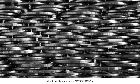 Money Wall. Chaotic Pile Of Coins Closeup. Nickel Coin Texture. Business Background Made Of Many Coin Edges. Economy Finance And Bank Wallpaper. Tax And Credit. Black And White. Macro