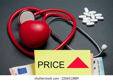 Money And Yellow Note With Sign Price And Red Up Triangle, Hear, Stethoscope And Pills In The Background. Rising Cost Of Medical Services Concept. Increase In Cost Of Living Due To Economy Crisis.