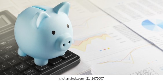 Moneybox For Money On The Background Of Documents And Financial Charts. Investment And Capital Accumulation Concept.