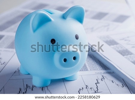 Moneybox for money on the background of documents and financial charts. Investment and capital accumulation concept