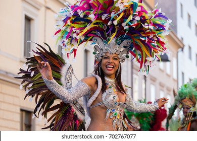 Monfalcone, Italy - March, 11 2017: Samba Brazil dancer on the street of city carnival, Monfalcone, Italy