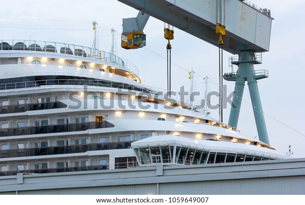 MONFALCONE, Italy - March 27, 2018:\
Close-up of the prow of the Carnival Horizon giant cruise ship in\
the Monfalcone shipyards the day before its\
delivery