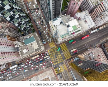 Mong Kok, Hong Kong 29 January 2022: Top View Of Hong Kong City, Busy Street