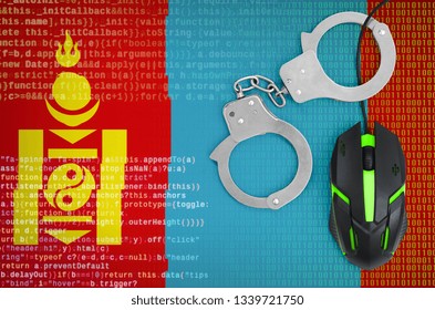 Mongolia flag  and handcuffed computer mouse. Combating computer crime, hackers and piracy