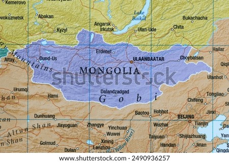 Mongolia on the world map close-up.