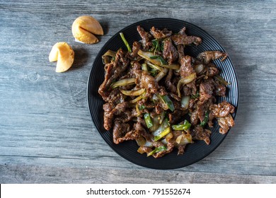 Mongolian beef Asian dish top view