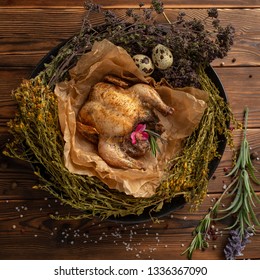 Mongolian Chicken With Herbs On Wooden Background