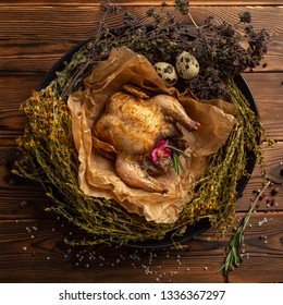 Mongolian Chicken With Herbs On Wooden Background