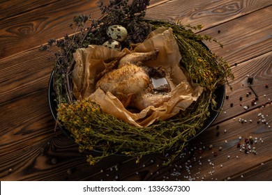 Mongolian Chicken With Herbs On Wooden Background