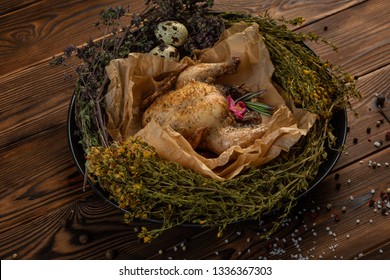 Mongolian Chicken With Herbs On Wooden Background