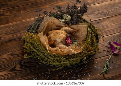 Mongolian Chicken With Herbs On Wooden Background