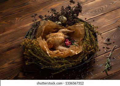 Mongolian Chicken With Herbs On Wooden Background